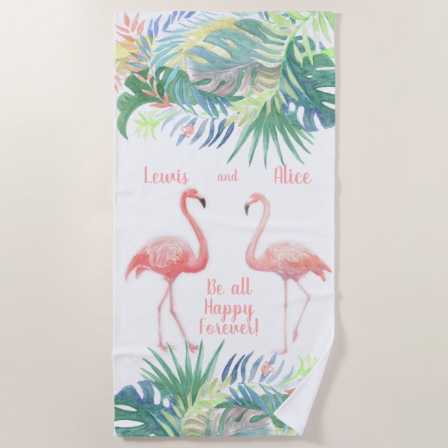 Lovely Fairy Tale For Two Flamingo Tropical Flower Beach Towel (Front)