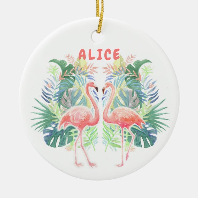 Lovely Fairy Tale For Two Flamingo Tropical Flower Ceramic Ornament (Front)