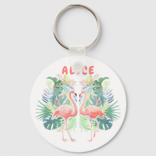 Lovely Fairy Tale For Two Flamingo Tropical Flower Keychain