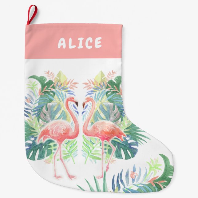 Lovely Fairy Tale For Two Flamingo Tropical Flower Large Christmas Stocking (Front)
