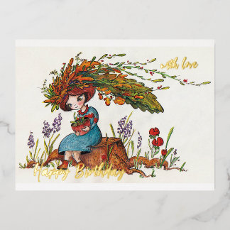 lovely fall girl foil holiday postcard