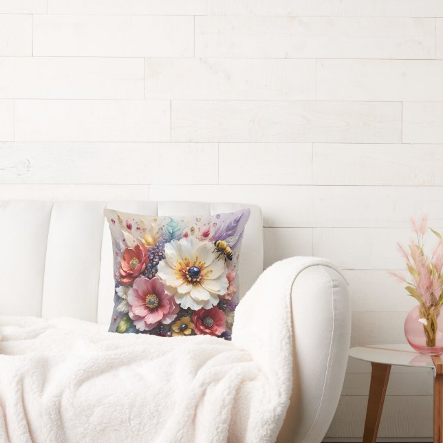 Lovely Floral "Beaded" with Honeybees Graphic Throw Pillow (Couch)