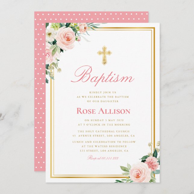 lovely floral faux gold frame baptism invitation (Front/Back)
