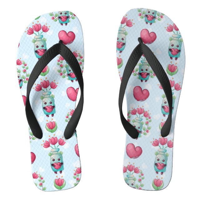 Lovely Floral Mason Jar Hearts Pattern Flip Flops (Footbed)