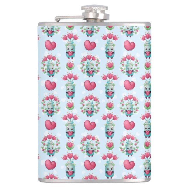 Lovely Floral Mason Jar Hearts Pattern Hip Flask (Front)