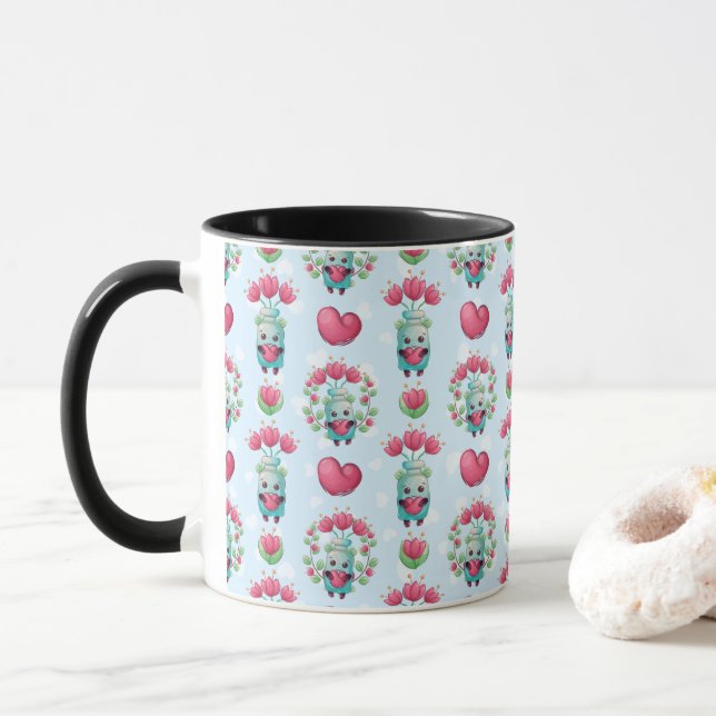 Lovely Floral Mason Jar Hearts Pattern Mug (With Donut)