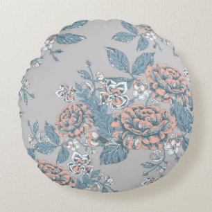 Lovely flowers. Monochrome ornaments. Seamless pat Round Pillow