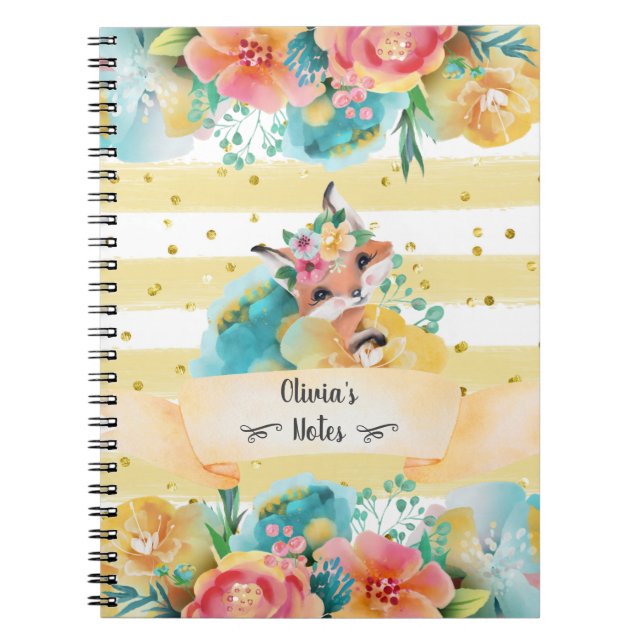 Lovely Fox And Blooming Flowers Girl Daily Diary Notebook (Front)