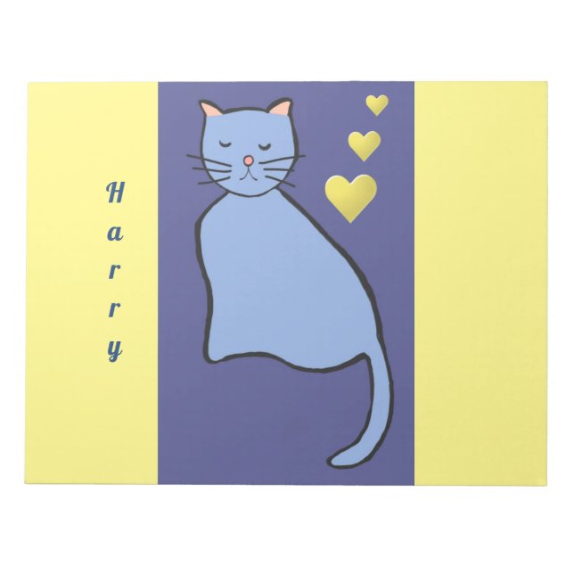 Lovely Fun Blue Cat with Pink Ears & yellow Hearts Notepad (Front)