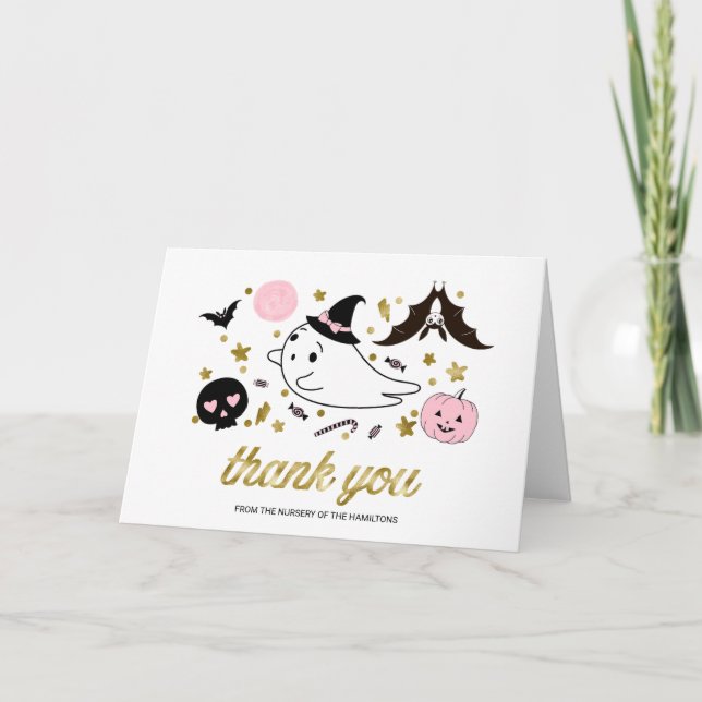 Lovely Ghost Halloween Baby Shower Thank You Card (Front)