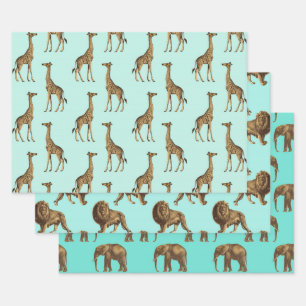 Lovely Giraffes, Lions and Elephants Wrapping Paper Sheet