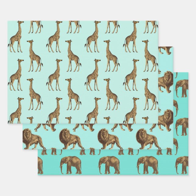Lovely Giraffes, Lions and Elephants Wrapping Paper Sheet (Set)