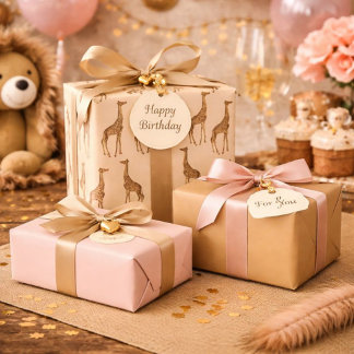 Lovely Giraffes Pink and Brown Wrapping Paper Sheet