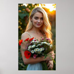 Lovely Girl with Bouquet of Daisies and Poppies  Poster