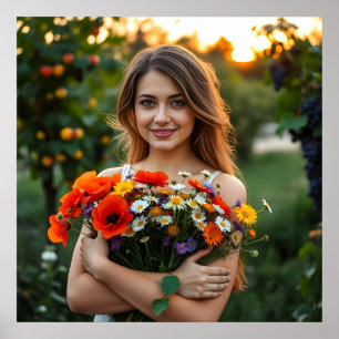 Lovely Girl with Bouquet of Daisies and Poppies  Poster