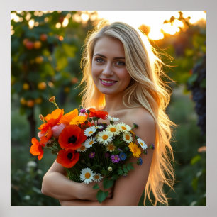 Lovely Girl with Bouquet of Daisies and Poppies  Poster