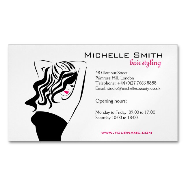 Lovely girl with wavy hair Hairstyling branding Magnetic Business Card (Front)