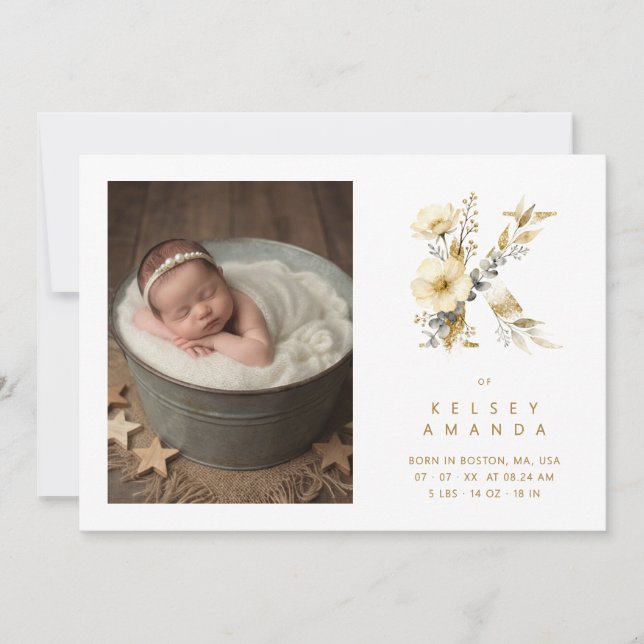 Lovely Gold K Initial with Romantic Floral Design (Front)