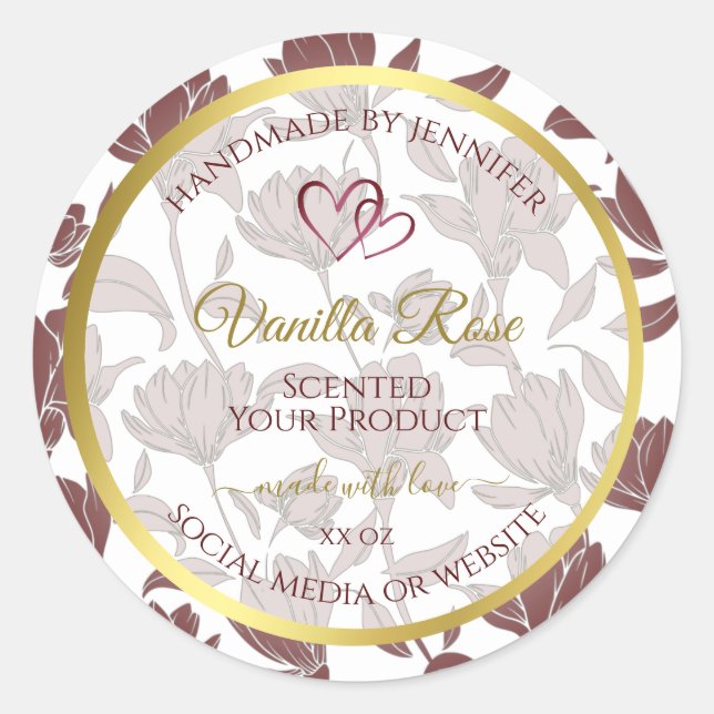 Lovely Gold Maroon Coloured Floral Product Labels (Front)