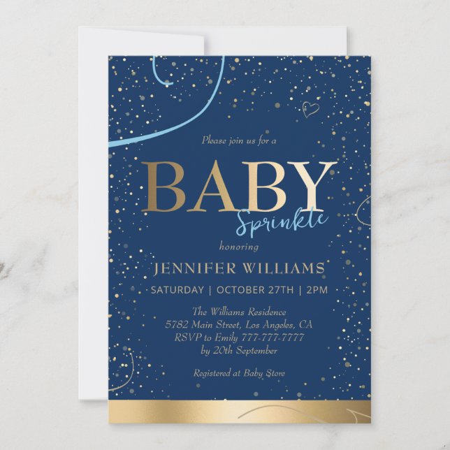 Lovely Gold Navy Blue Boy Baby Sprinkle Shower Invitation (Front)