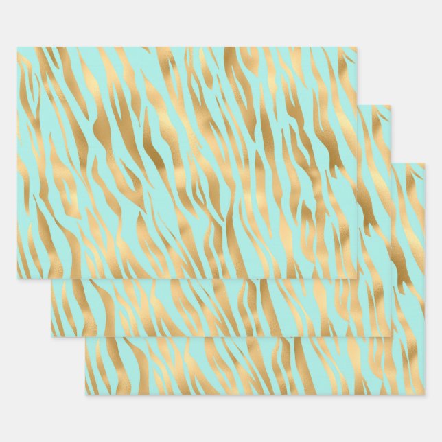 Lovely Golden animal print mint background Wrapping Paper Sheet (Set)