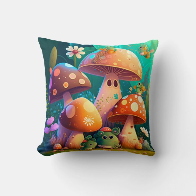 Lovely green cute baby mushrooms       throw pillow (Front)