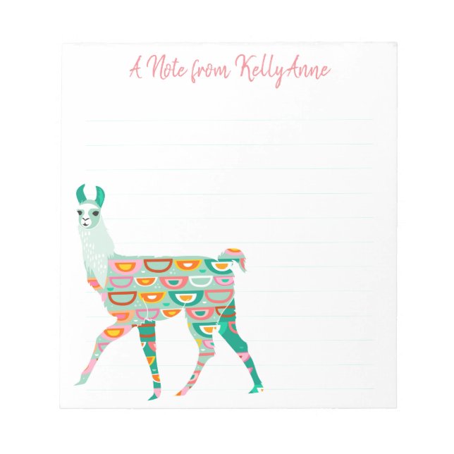 Lovely Green Llama Personalized Lined Notepad (Front)