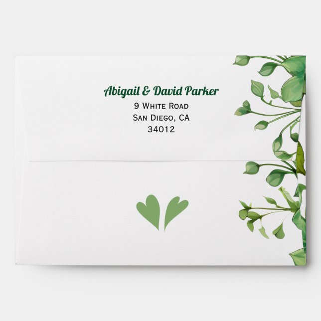 Lovely greenery, and stripes spring wedding envelope (Back (Top Flap))