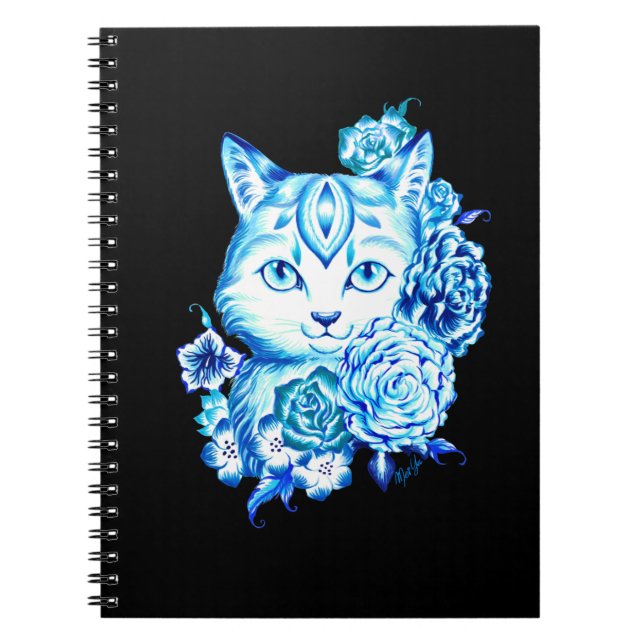 Lovely Hand Drawn 10 Blues Cat School Notebook (Front)