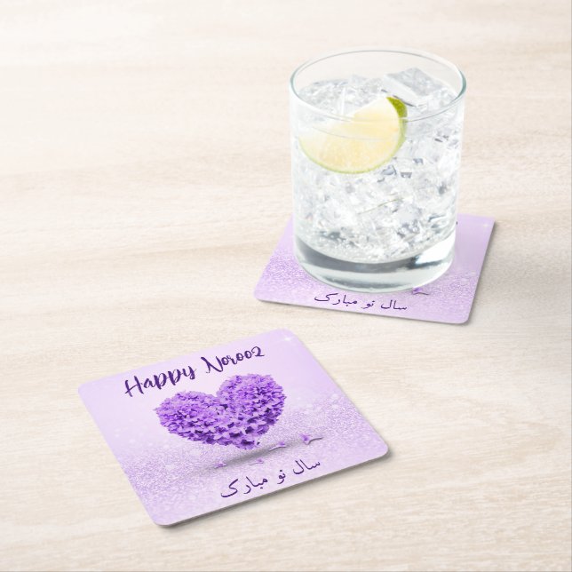 Lovely Happy Norooz Purple Hyacinth Heart Bouquet Square Paper Coaster (Insitu)