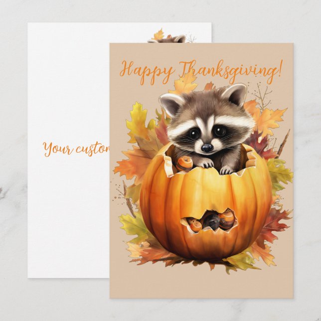 Lovely Happy Thanksgiving Raccoon Watercolor Cards (Front/Back)