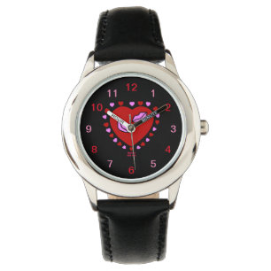 Lovely Heart Kisses Kid's Black Leather Watch