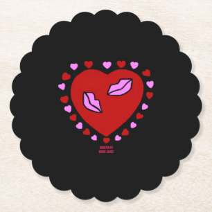 Lovely Heart Kisses Scalloped Round Paper Coaster