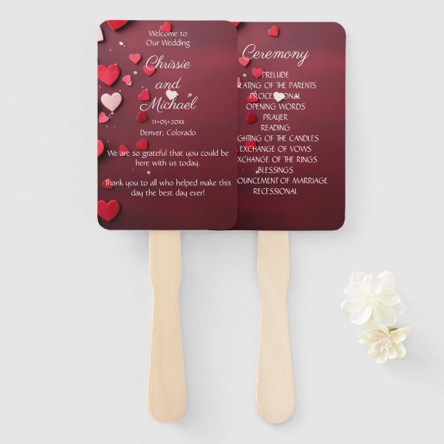 Lovely Heart Pattern Wedding Program Hand Fan (Front and Back)