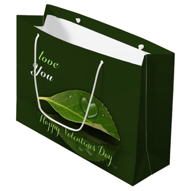 Lovely Heart-Shaped Water Droplet on Leaf Large Gift Bag (Front Angled)