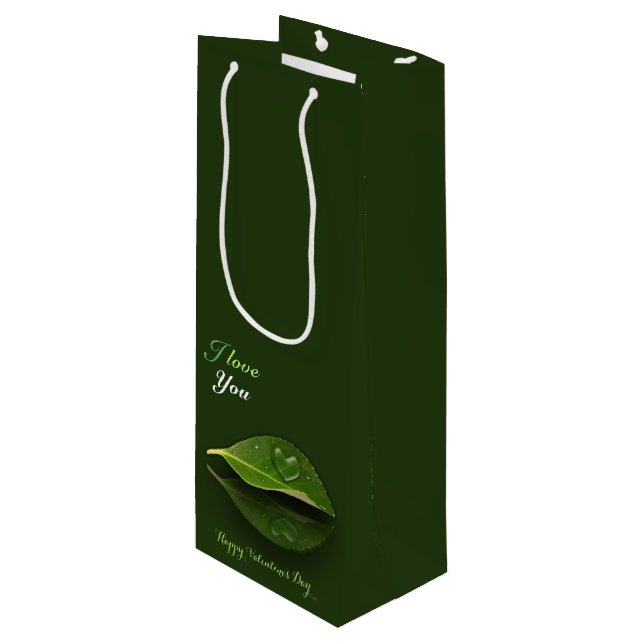 Lovely Heart-Shaped Water Droplet on Leaf Wine Gift Bag (Front Angled)