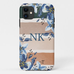 Lovely initials Watercolor floral and stripes  iPhone 11 Case