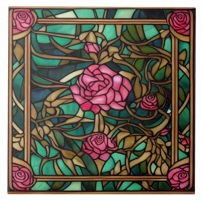 Lovely Intricate Stained Glass Style Floral Rose Tile (Front)