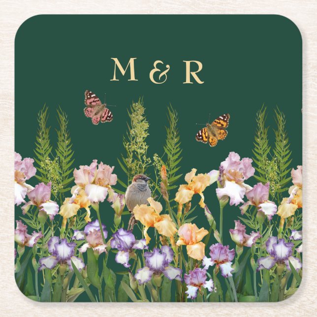 Lovely Irises, Birds Butterflies Couple Monogram Square Paper Coaster (Front)