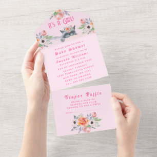 Lovely Kitten Flowers Pink It's a Girl Baby Shower All In One Invitation