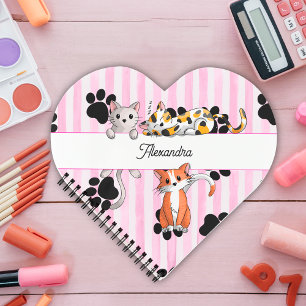Lovely Kittens & paws, pink stripes heart shaped Notebook