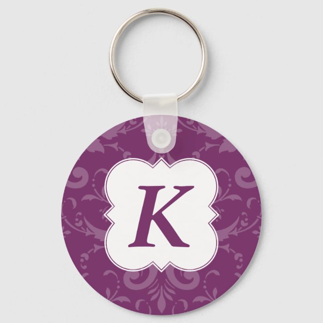 Lovely Labels Purple Damask Custom Initial Keychain (Front)