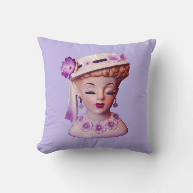 Lovely Lady Head Vase Purple Flowers 1960s Doll Throw Pillow (Front)