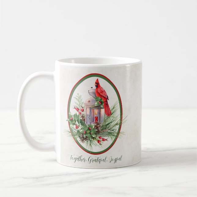 Lovely lantern with holly and cardinal Christmas  Coffee Mug (Left)