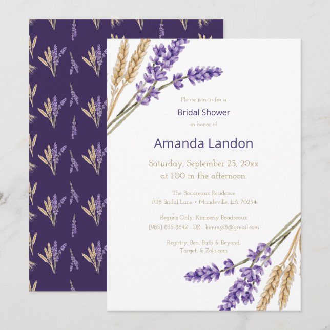 Lovely Lavender & Wheat Bridal Shower Invitation (Front/Back)
