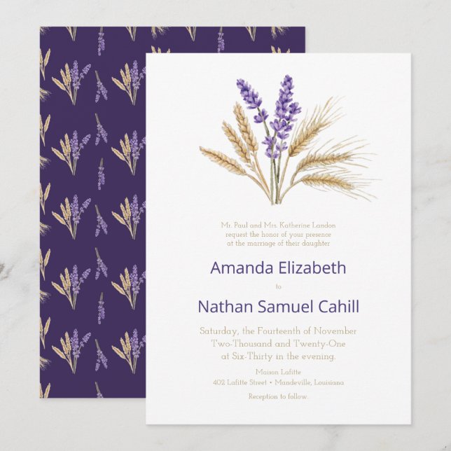 Lovely Lavender & Wheat Wedding Invitation (Front/Back)