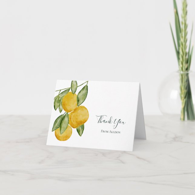 Lovely Lemon Tree Branch Watercolor Personalized Thank You Card (Front)