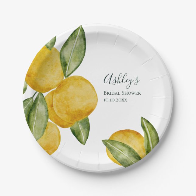 Lovely Lemon Watercolor Bridal Shower Personalized Paper Plate (Front)