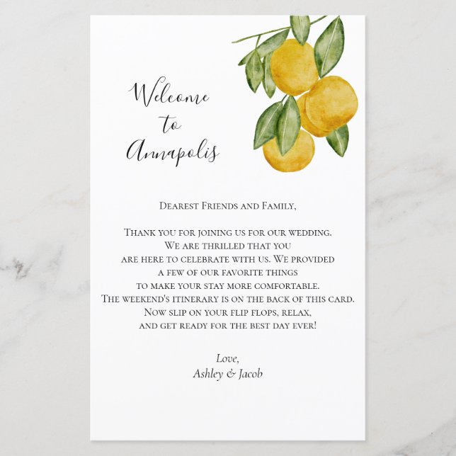 Lovely Lemon Wedding Welcome Letter, Itinerary (Front)