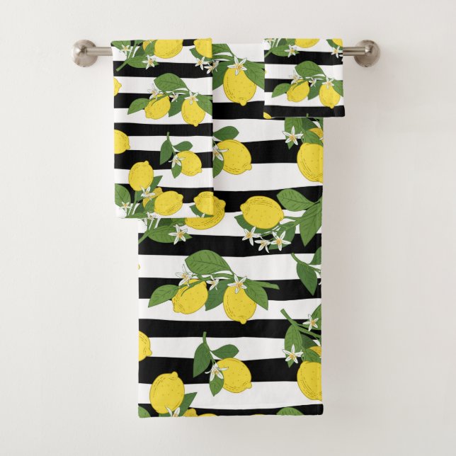 Lovely Lemons and Blossoms on Stripes Bath Towel Set (Insitu)